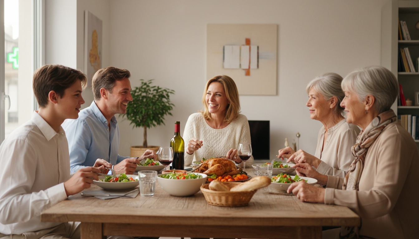 Une famille dînant sans téléphones