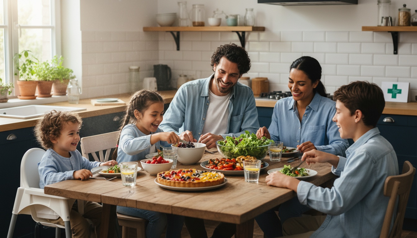 Une famille française mangeant sainement
