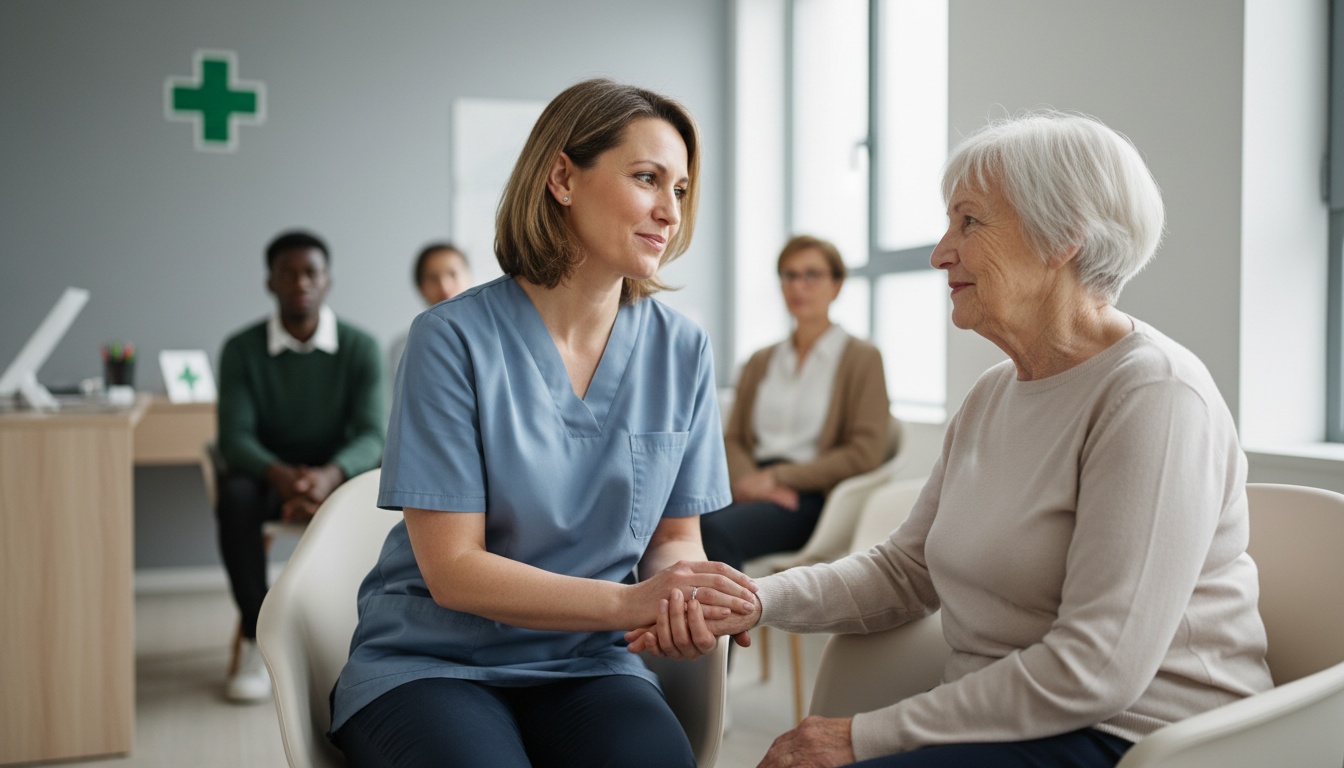 Une secrétaire médicale réconfortant un patient âgé
